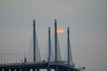 Sun rise at main span of Penang second bridge.