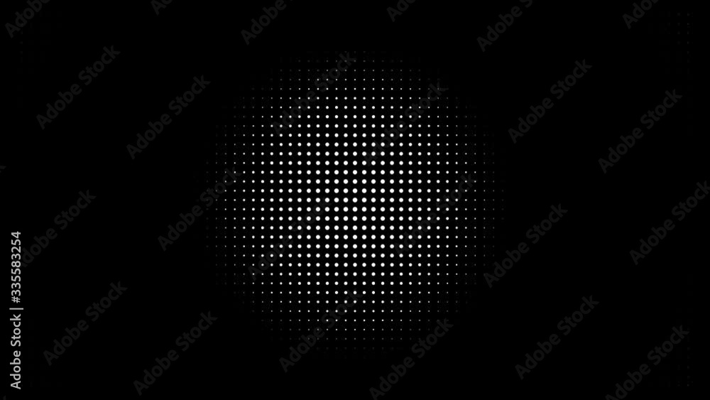 Poster white polka dots against black background. concentric growing circles seamless loop transition