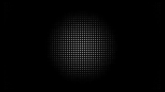 White polka dots against black background. Concentric growing circles seamless loop transition