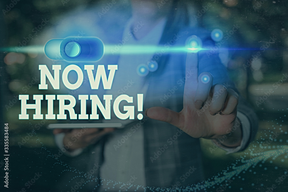 Poster conceptual hand writing showing now hiring. concept meaning finding evaluating working relationship 