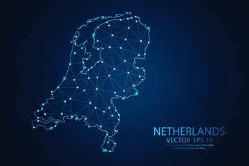 Abstract mash line and point scales on Dark background with map of Netherlands. Wire frame 3D mesh polygonal network line, design polygon sphere, dot and structure. Vector illustration eps 10. - obrazy, fototapety, plakaty