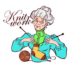 Grandma knits socks. Knitted work. Vector illustration
