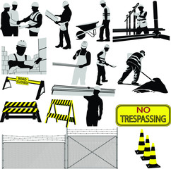Vector collection of site workers silhouettes and traffic signs on the site.