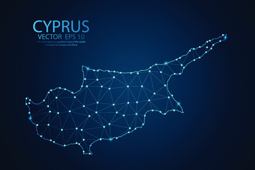 Abstract mash line and point scales on Dark background with map of Cyprus. Wire frame 3D mesh polygonal network line, design polygon sphere, dot and structure. Vector illustration eps 10.