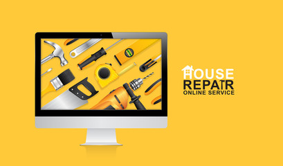 Construction tools online service computer with set all of tools supplies for house repair builder on yellow background vector illustration