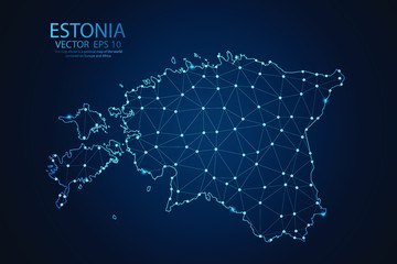Abstract mash line and point scales on Dark background with map of Estonia. Wire frame 3D mesh polygonal network line, design polygon sphere, dot and structure. Vector illustration eps 10.