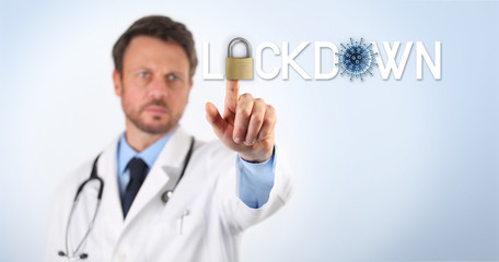 doctor touch screen with the written lockdown text, padlock and blue corona virus symbol icon isolated on white background