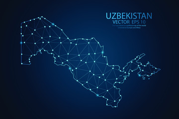 Abstract mash line and point scales on Dark background with map of Uzbekistan. Wire frame 3D mesh polygonal network line, design polygon sphere, dot and structure. Vector illustration eps 10.