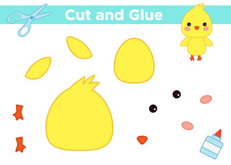 Use scissors and glue create cute kawaii chicken. Educational paper game for preschool children. Activity worksheet. Happy Easter.
