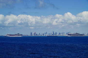 Italian cruiseships or cruise ship liners & tanker anchored or laid up at sea in Miami Beach...