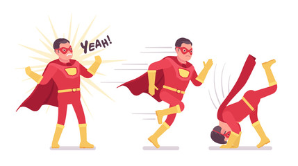 Male super hero in classic red costume, different poses. Heroic strong warrior, superpower man with superior combat, battle skills, successful extraordinary guy. Vector flat style cartoon illustration