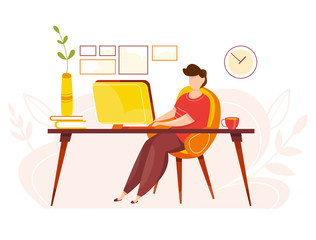 Modern vector illustration of working at home. Man work in comfortable conditions. Home office. Freelancer with cat, plant. Epidemic quarantine. Self employed concept. Businessman with laptop.