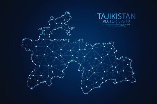 Abstract mash line and point scales on Dark background with map of Tajikistan. Wire frame 3D mesh polygonal network line, design polygon sphere, dot and structure. Vector illustration eps 10. © Whatever