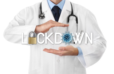 doctor hands with lockdown text padlock and blue corona virus symbol icon isolated on white background