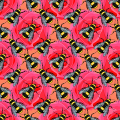 Naklejka premium Bumblebee insect seamless pattern and rose flowers. eps10 vector stock illustration