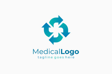 Healthcare Medical Logo. Recycle Arrows with Negative Space Cross Sign inside. Flat Vector Logo Design Template Element