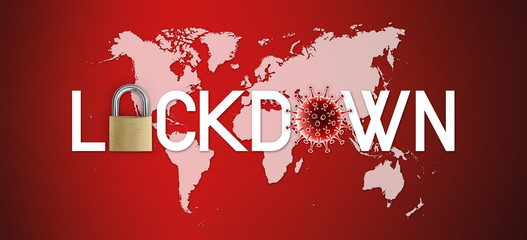 lockdown text written with padlock and corona virus symbol icon on world map in red background with copy space