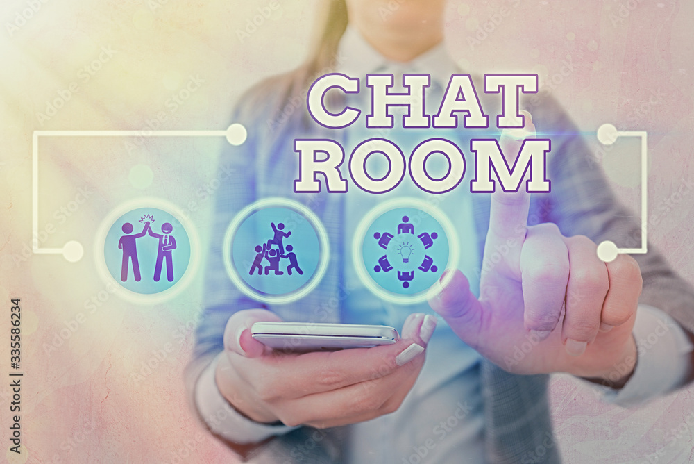 Aufkleber writing note showing chat room. business concept for area on the internet or computer network where 