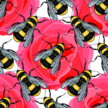 Bumblebee insect seamless pattern and rose flowers. eps10 vector stock illustration