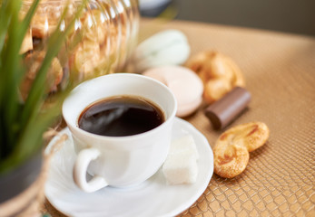 coffee with sweets on the table, sweets, cookies, marshmallows