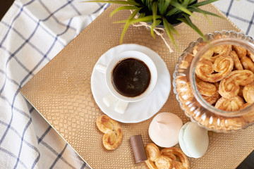 coffee with sweets on the table, sweets, cookies, marshmallows