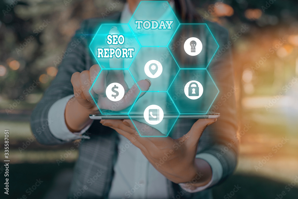 Poster word writing text seo report. business photo showcasing notifying on how website is performing in se