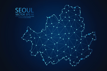 Abstract mash line and point scales on Dark background with map of Seoul. Wire frame 3D mesh polygonal network line, design polygon sphere, dot and structure. Vector illustration eps 10.