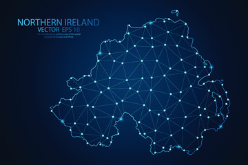 Obraz premium Abstract mash line and point scales on Dark background with map of Northern Ireland. Wire frame 3D mesh polygonal network line, design polygon sphere, dot and structure. Vector illustration eps 10.