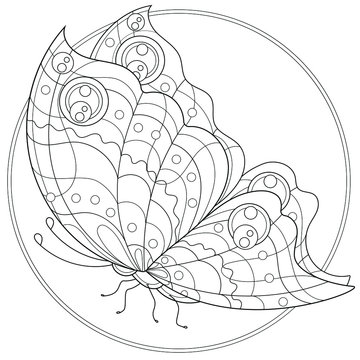 Beautiful butterfly sitting.Coloring book antistress for children and adults. Illustration isolated on white background.Zen-tangle and doodle style. Black and white drawing