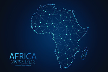 Abstract mash line and point scales on dark background with map of Africa. Wire frame 3D mesh polygonal network line, design sphere, dot and structure. Vector illustration eps 10.