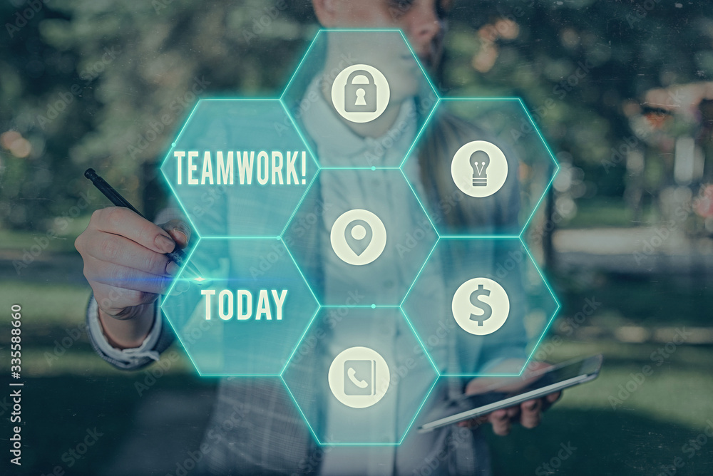 Poster conceptual hand writing showing teamwork. concept meaning combined action of group especially when e