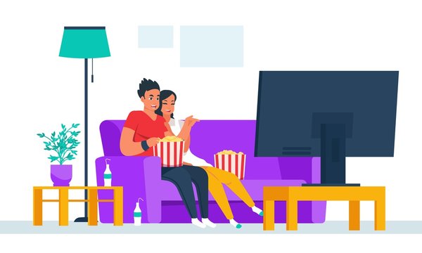 Couple watching TV. Cartoon boy and girl characters watching movie at home, people spending weekend together. Vector illustrations room with couple on sofa at television and funny