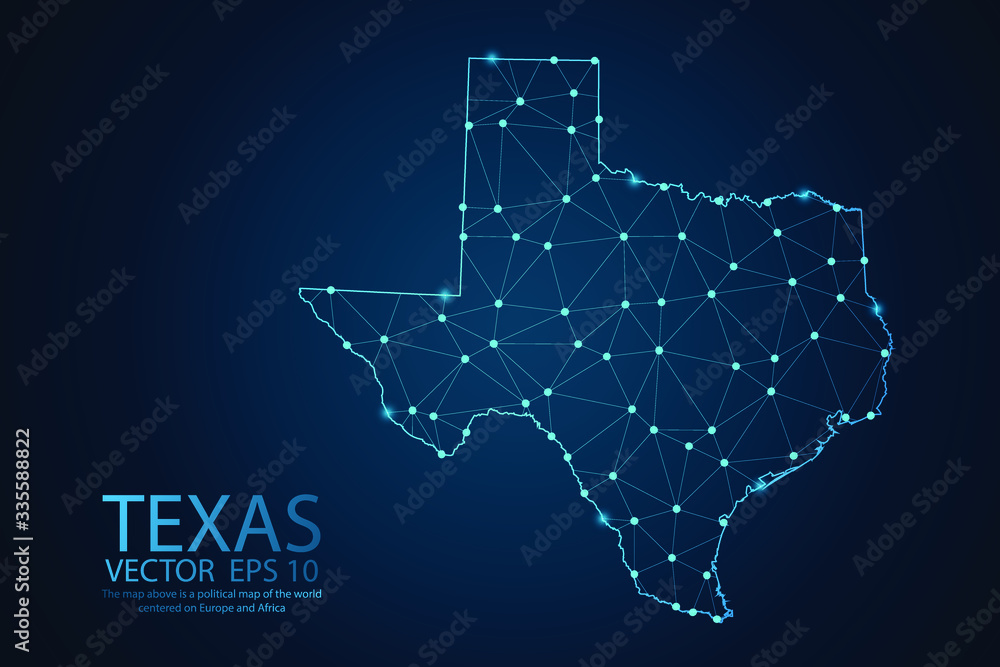 Wall mural abstract mesh line and point scales on dark background with map of texas. wire frame 3d mesh polygon