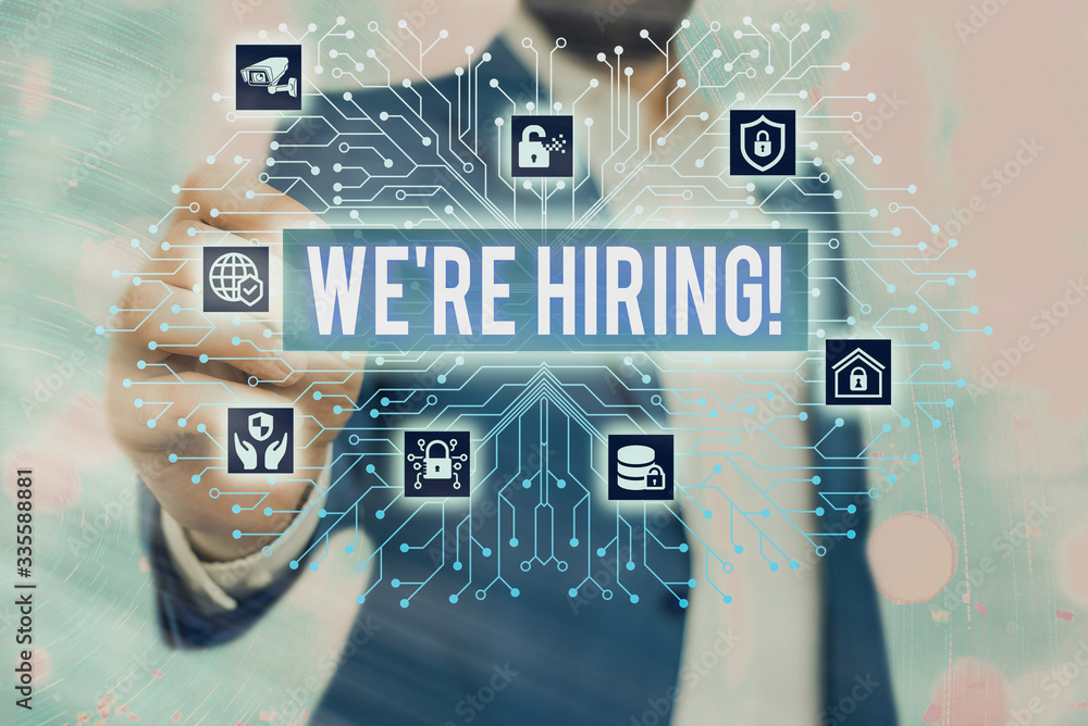 Poster handwriting text we are re hiring. conceptual photo process of reviewing applications and finding ca