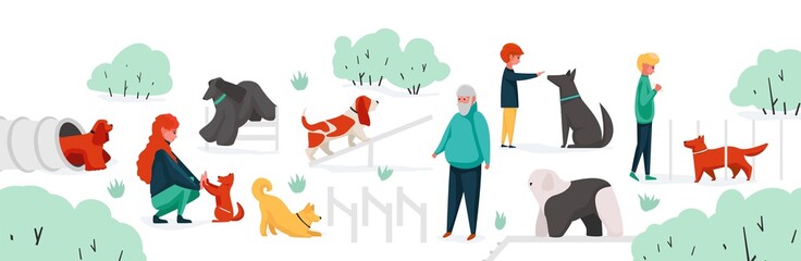 People with pets at park. City park area with cartoon characters training their home animals. Vector man woman children outdoor activity playing with dogs
