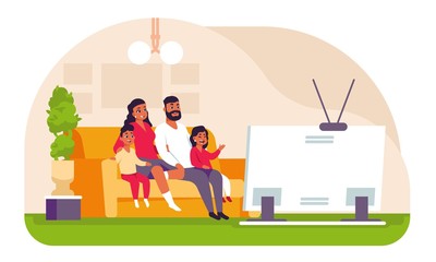 Family watching TV. Cartoon father mother and children spending weekend at home, sitting on couch and watching movie or cartoon. Vector illustration scene young mother and father relax front of TV