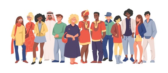 Multicultural team. Group of different people in casual clothes standing together, cartoon characters of diverse nationalities. Vector illustration happy men and women set diversity multiethnic people