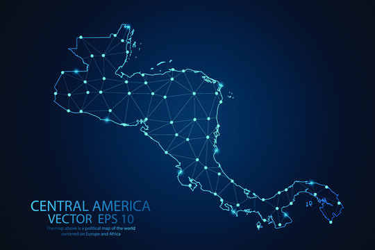 Abstract mash line and point scales on dark background with map of Central america. Wire frame 3D mesh polygonal network line, design sphere, dot and structure. Vector illustration eps 10.