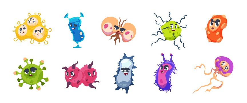 Virus characters. Cartoon infection bacteria and flu germs bacillus, microbiology disease emoticons. Vector microbe organism collection with funny faces on white background