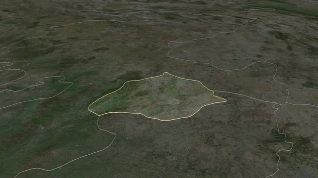 Aguascalientes, state with its capital, zoomed and extruded on the satellite map of Mexico in the conformal Stereographic projection. Animation 3D