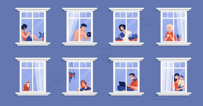 Neighbors in apartment. People in windows drinking tea, watching TV, pet cat and spending time at home. Vector cartoon illustration persons in house, illustrations isolated characters