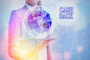 Conceptual hand writing showing Cash Back. Concept meaning denoting a form of incentive offered to buyers of certain products Elements of this image furnished by NASA