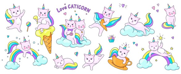 Cute unicorn cats. Funny doodle kitty characters on clouds and rainbows, kids doodle stickers in pastel colors. Vector set illustrations hand drawn fashion rainbow cat isolated on white background