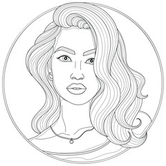 Beautiful girl with curls and pendant.Coloring book antistress for children and adults. Illustration isolated on white background.Zen-tangle and doodle style. Black and white drawing
