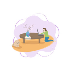Home office concept color vector illustration. Caffee table with a laptop, a napkin, a pot with tree branches desoration on a orange carpet, lying dog, speaking on the mobile phone woman.