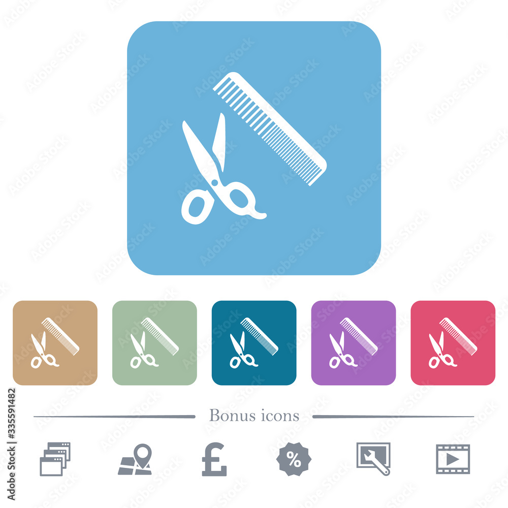 Poster comb and scissors flat icons on color rounded square backgrounds