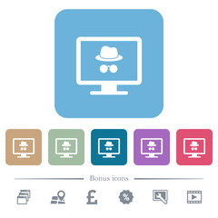 Monitor with incognito symbol flat icons on color rounded square backgrounds