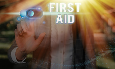 Word writing text First Aid. Business photo showcasing Practise of healing small cuts that no need...