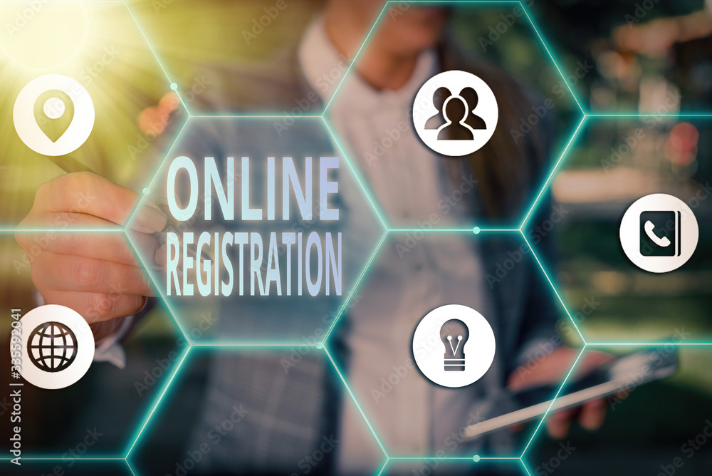 Poster writing note showing online registration. business concept for system for subscribing or registering