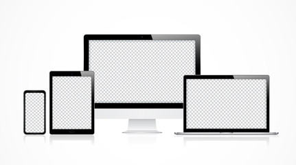 Set modern computer, laptop, tablet and smartphone with transparent wallpaper screen for mockup and template isolated on white background vector illustration
